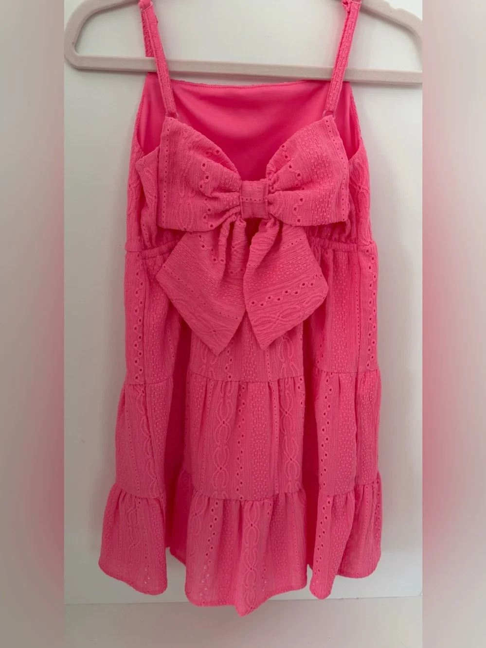 Girls Pink Eyelet Tiered Dress with Back Bow